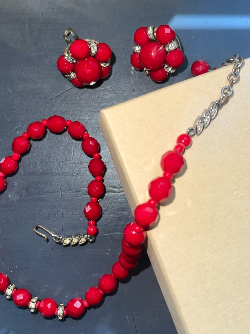 Red Beaded Necklace and Clip-On Earrings Set - Classic 1950s